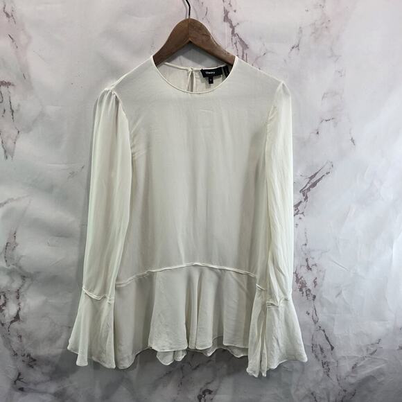 Theory Shirt Womens Medium White Silk Blouse Bell Flare Keyhole Ruffle Peplum - Picture 1 of 13